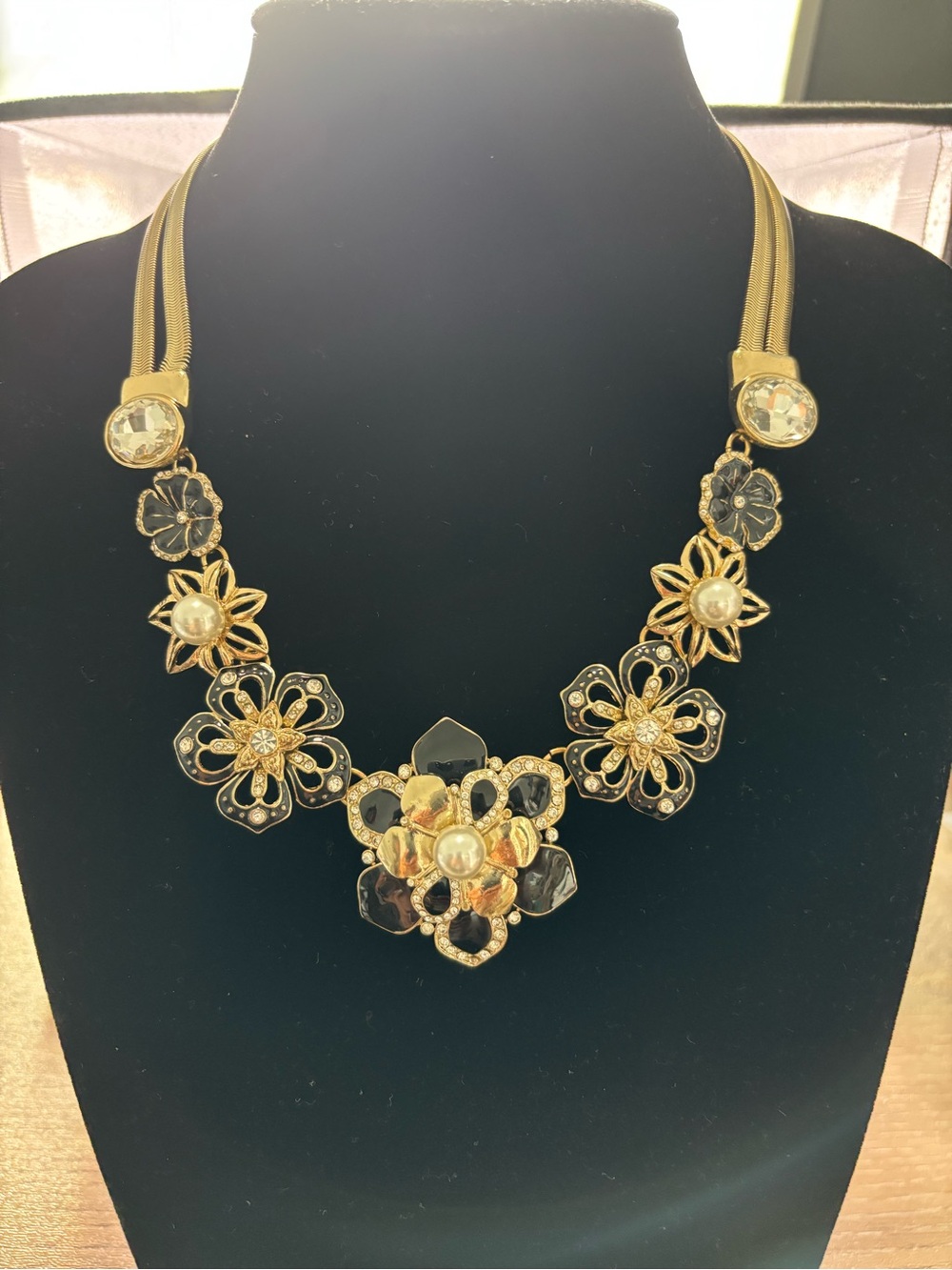 White House Black Market Gold Floral Necklace with Pearl Accents. 22in